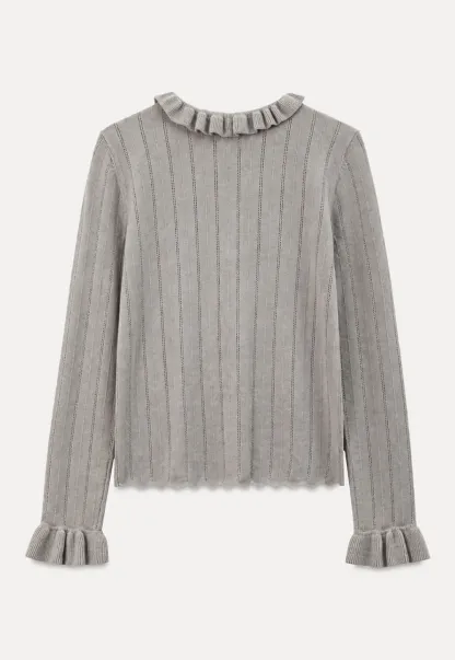 Ruffled Collar and Cuffs Ribbed Knit Sweater