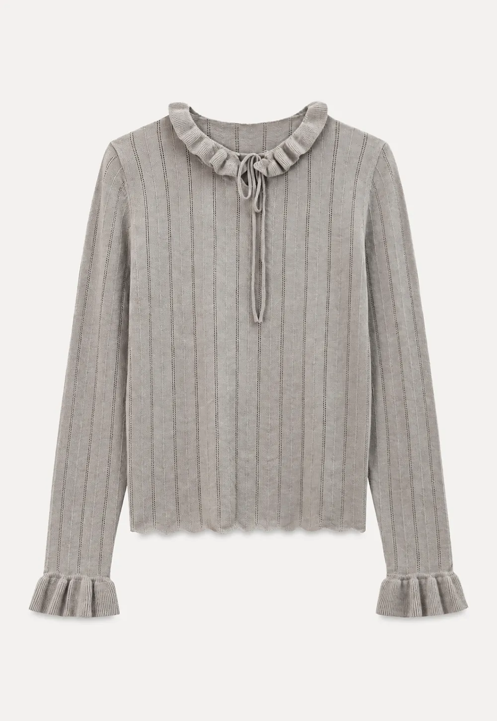 Ruffled Collar and Cuffs Ribbed Knit Sweater