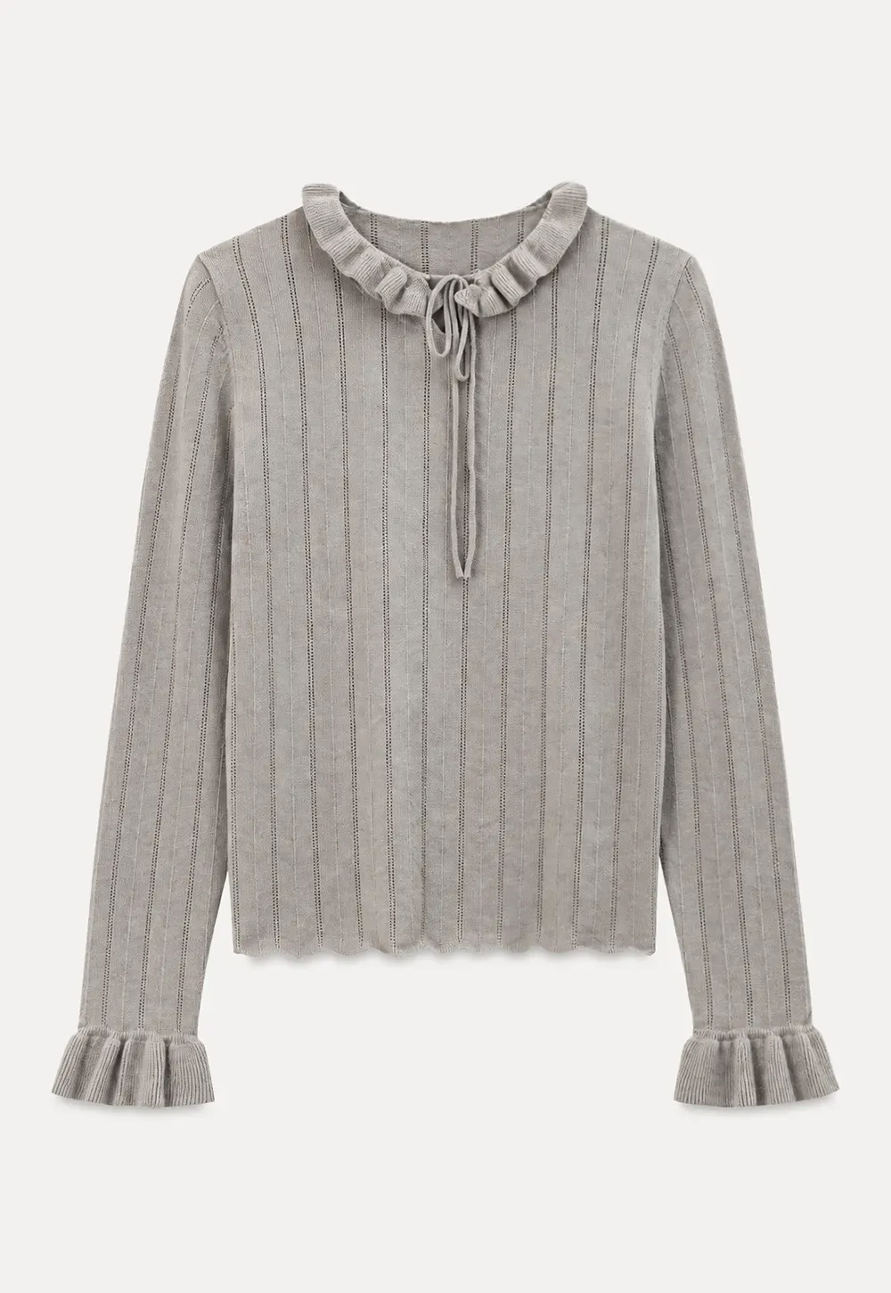 Ruffled Collar and Cuffs Ribbed Knit Sweater