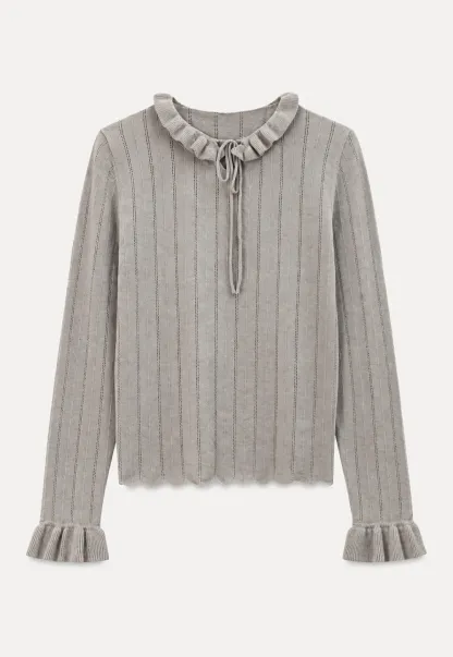Ruffled Collar and Cuffs Ribbed Knit Sweater
