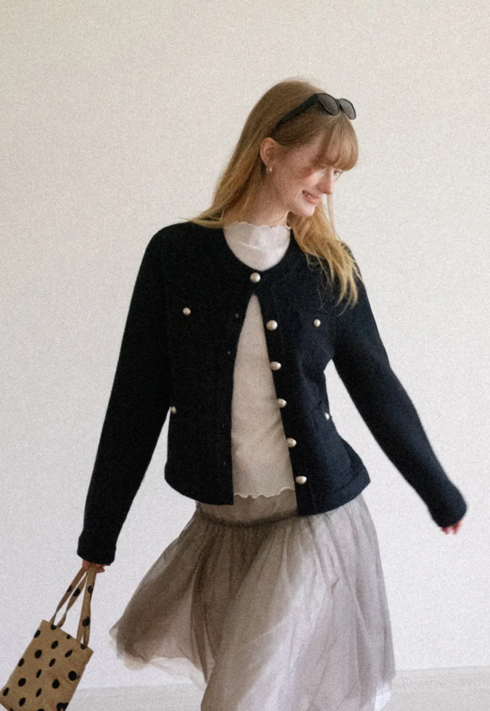 Pearl Button Trim Cropped Wool Knit Cardigan