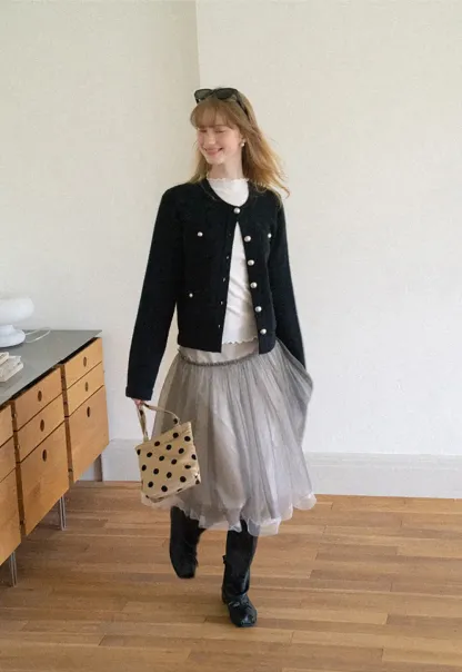 Pearl Button Trim Cropped Wool Knit Cardigan