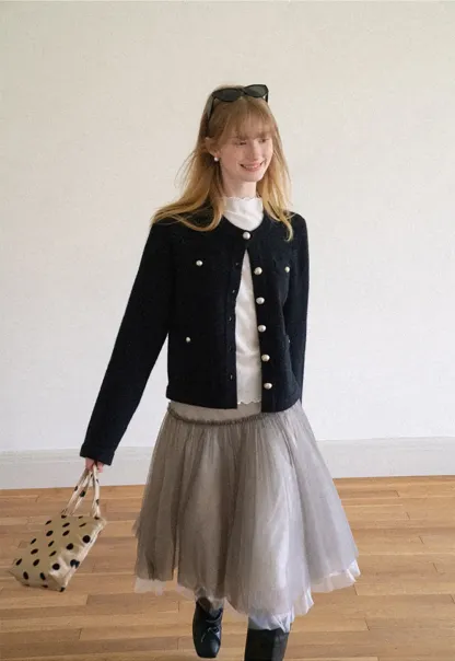 Pearl Button Trim Cropped Wool Knit Cardigan