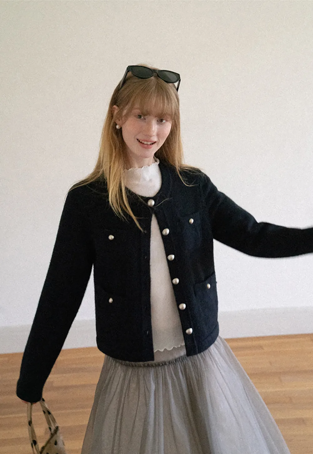 Pearl Button Trim Cropped Wool Knit Cardigan