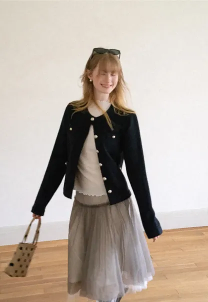 Pearl Button Trim Cropped Wool Knit Cardigan