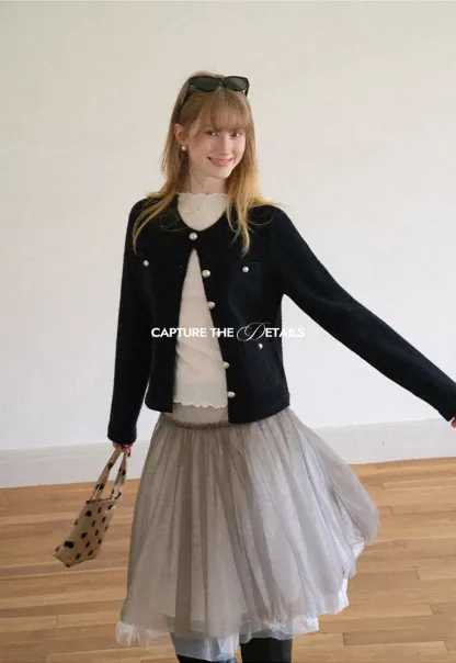 Pearl Button Trim Cropped Wool Knit Cardigan
