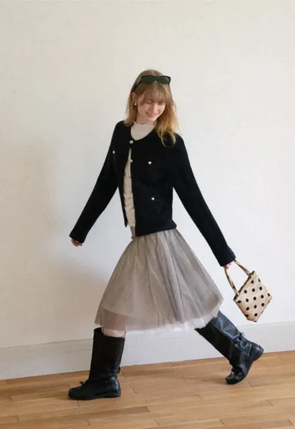 Pearl Button Trim Cropped Wool Knit Cardigan