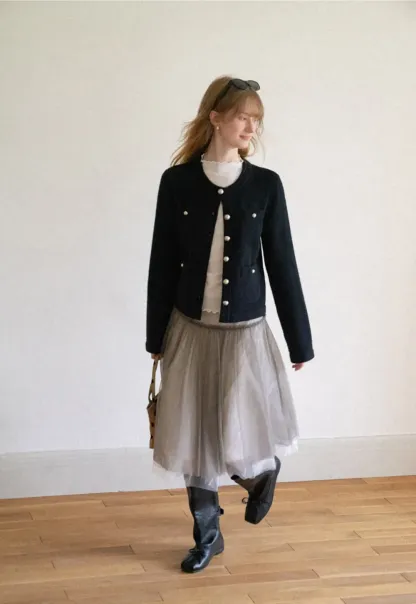 Pearl Button Trim Cropped Wool Knit Cardigan
