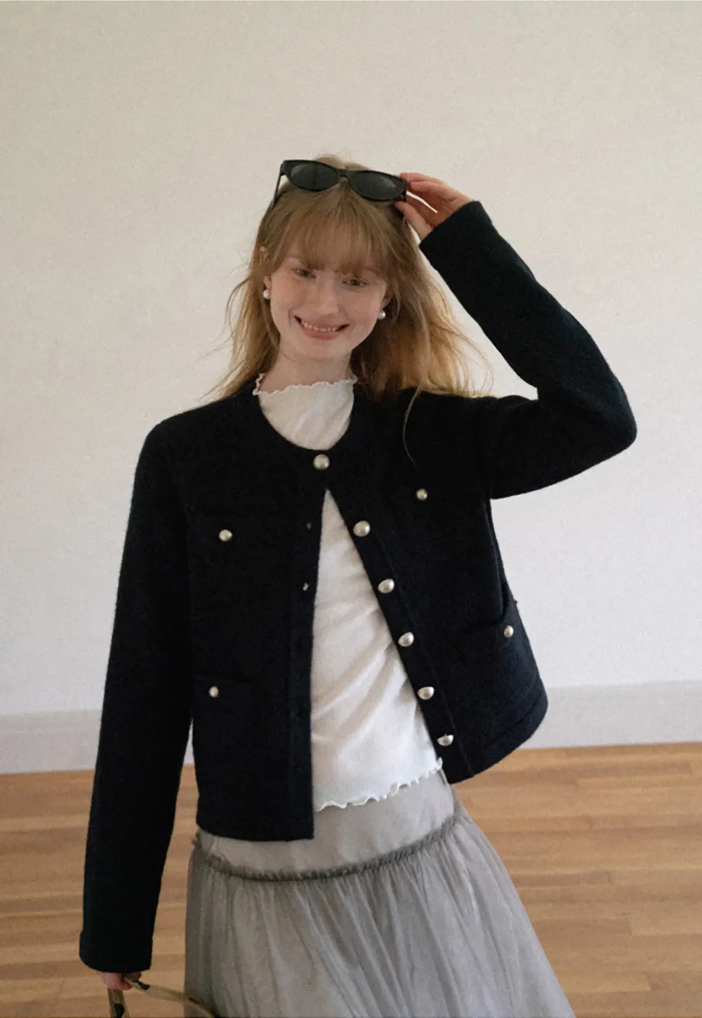 Pearl Button Trim Cropped Wool Knit Cardigan