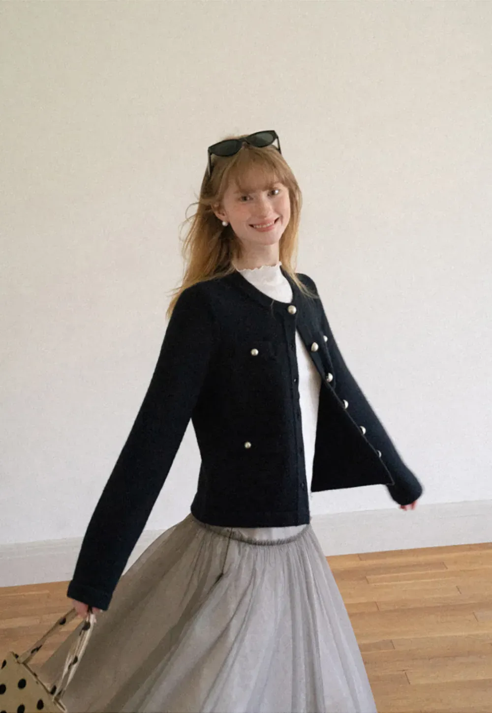 Pearl Button Trim Cropped Wool Knit Cardigan
