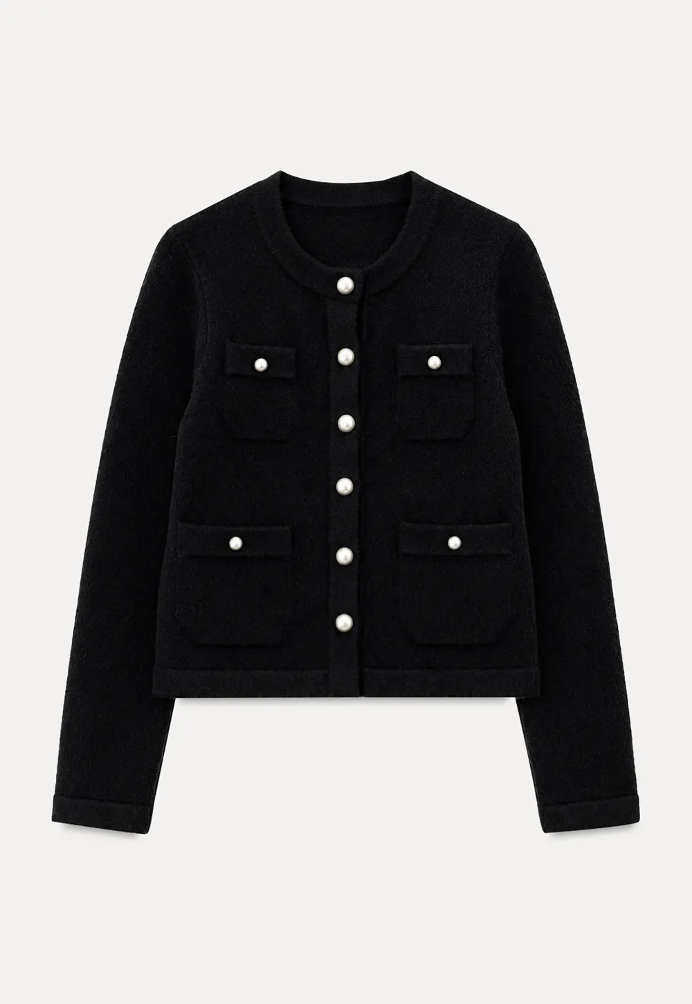 Pearl Button Trim Cropped Wool Knit Cardigan