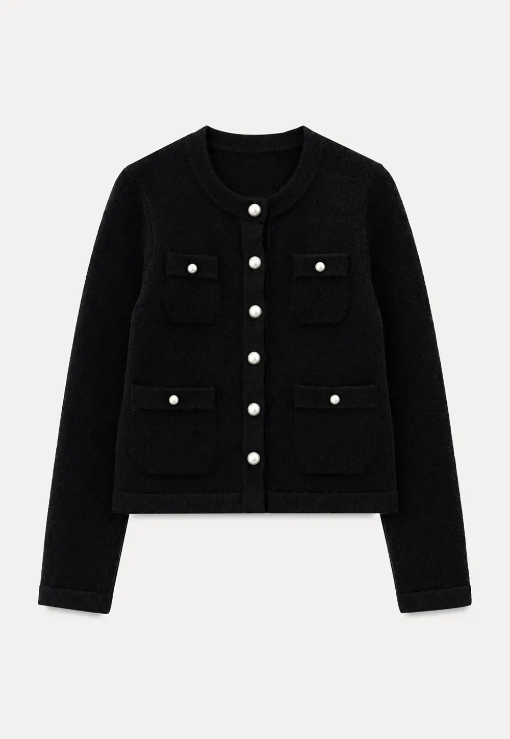 Pearl Button Trim Cropped Wool Knit Cardigan