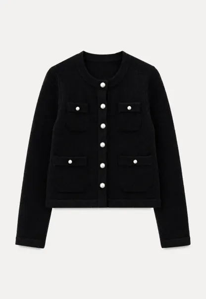 Pearl Button Trim Cropped Wool Knit Cardigan