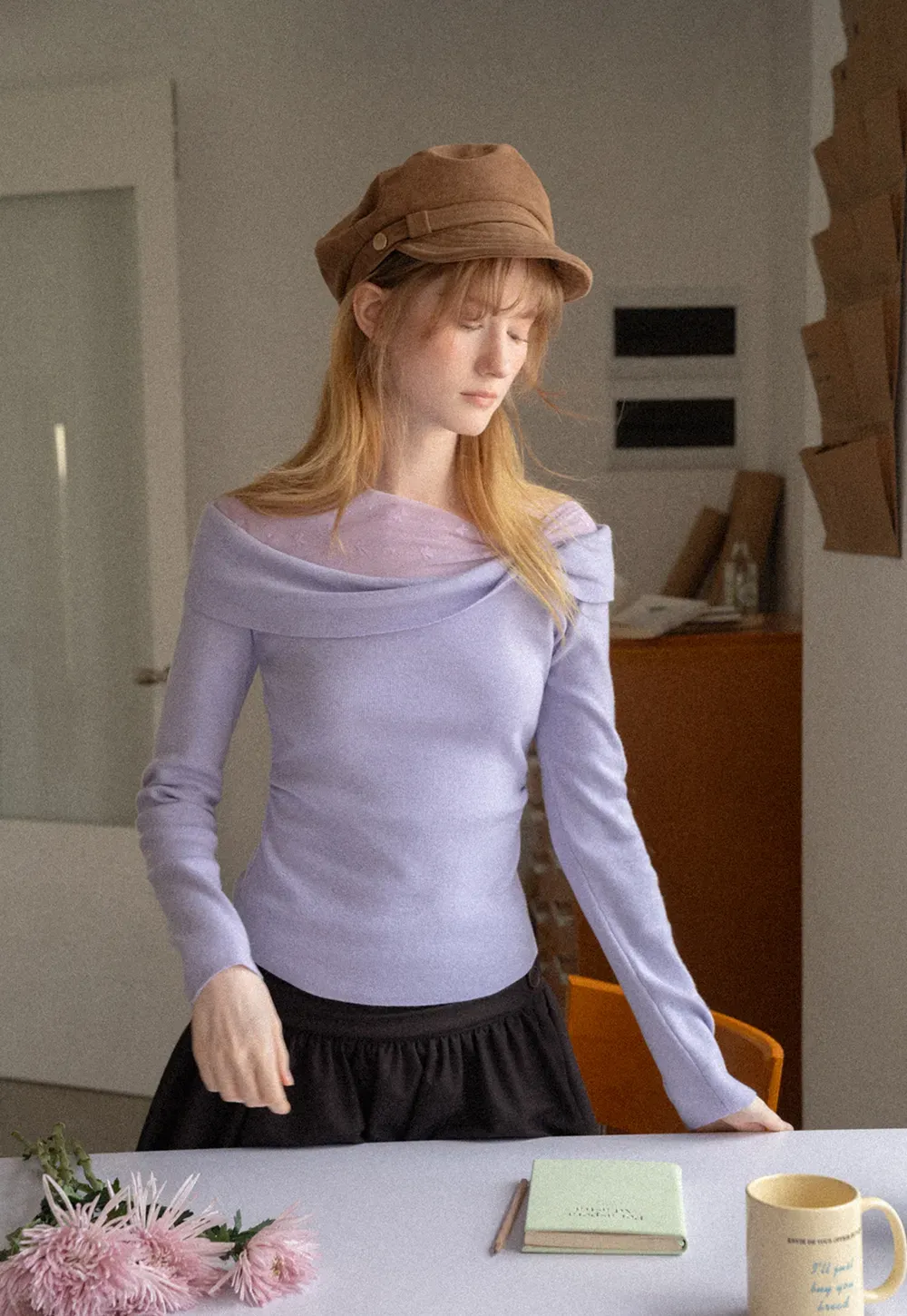 Off Shoulder Draped Neck Woolen Knit Sweater