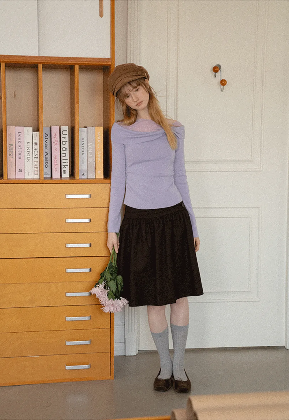Off Shoulder Draped Neck Woolen Knit Sweater