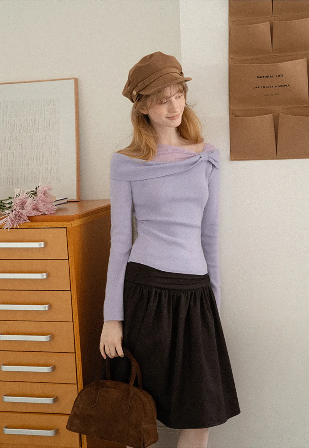 Off Shoulder Draped Neck Woolen Knit Sweater