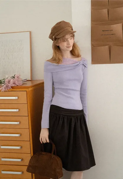 Off Shoulder Draped Neck Woolen Knit Sweater