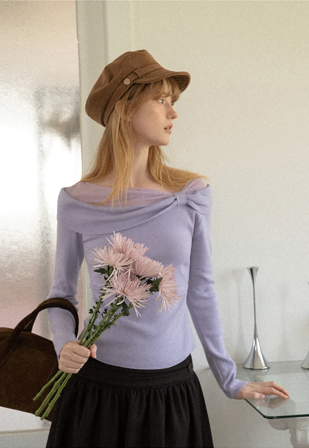 Off Shoulder Draped Neck Woolen Knit Sweater