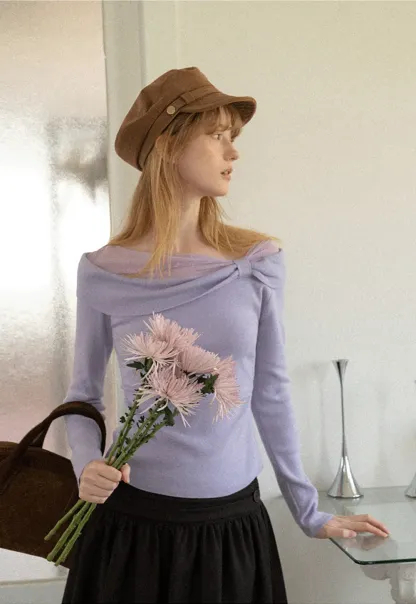 Off Shoulder Draped Neck Woolen Knit Sweater