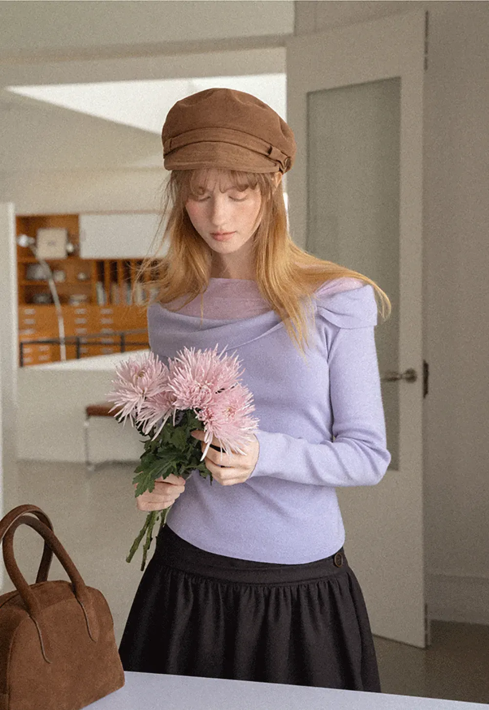 Off Shoulder Draped Neck Woolen Knit Sweater