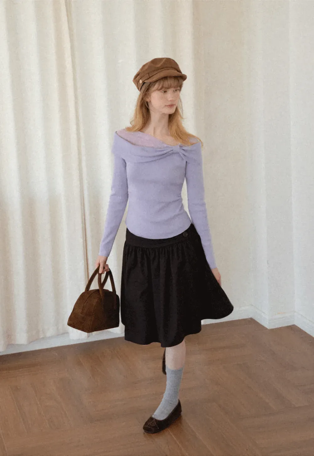 Off Shoulder Draped Neck Woolen Knit Sweater