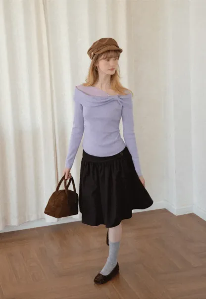 Off Shoulder Draped Neck Woolen Knit Sweater