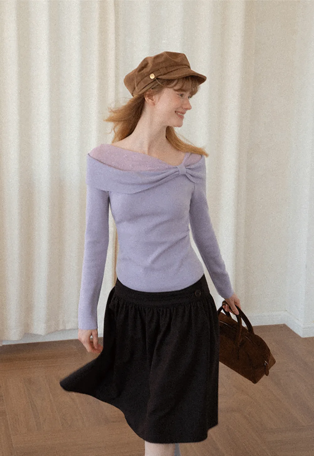 Off Shoulder Draped Neck Woolen Knit Sweater