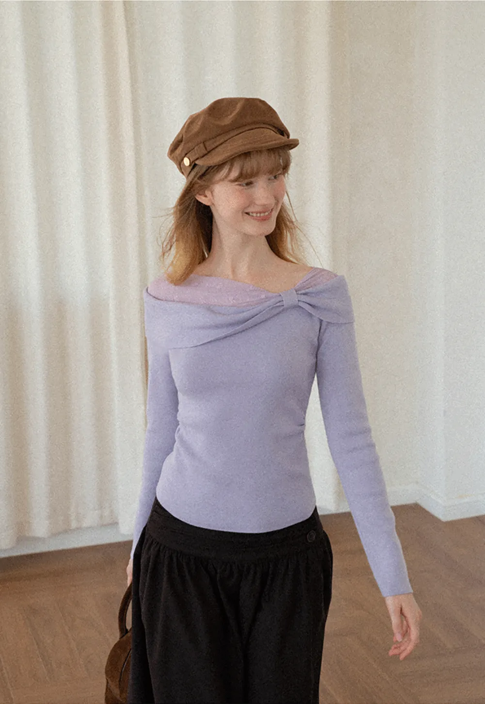 Off Shoulder Draped Neck Woolen Knit Sweater