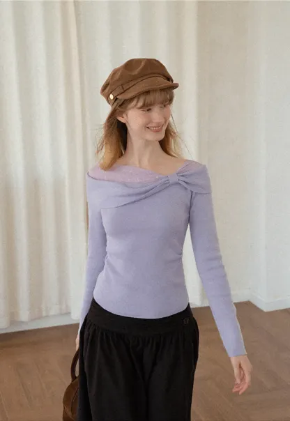 Off Shoulder Draped Neck Woolen Knit Sweater