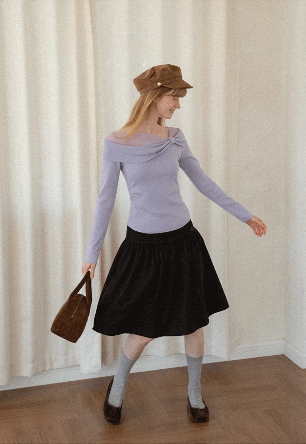 Off Shoulder Draped Neck Woolen Knit Sweater