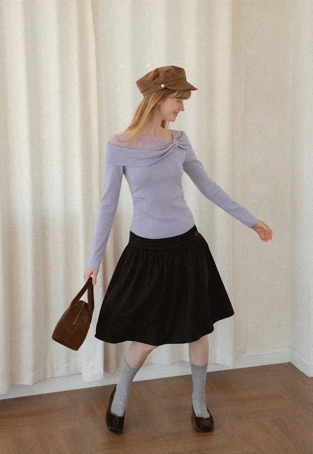 Off Shoulder Draped Neck Woolen Knit Sweater