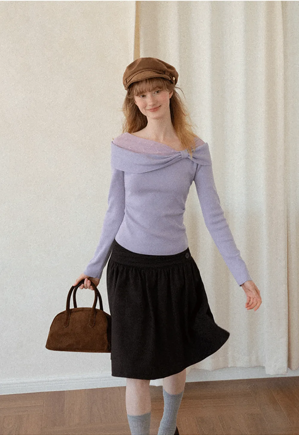 Off Shoulder Draped Neck Woolen Knit Sweater