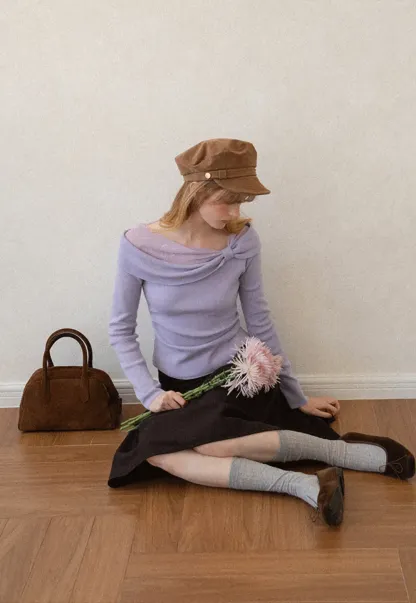 Off Shoulder Draped Neck Woolen Knit Sweater