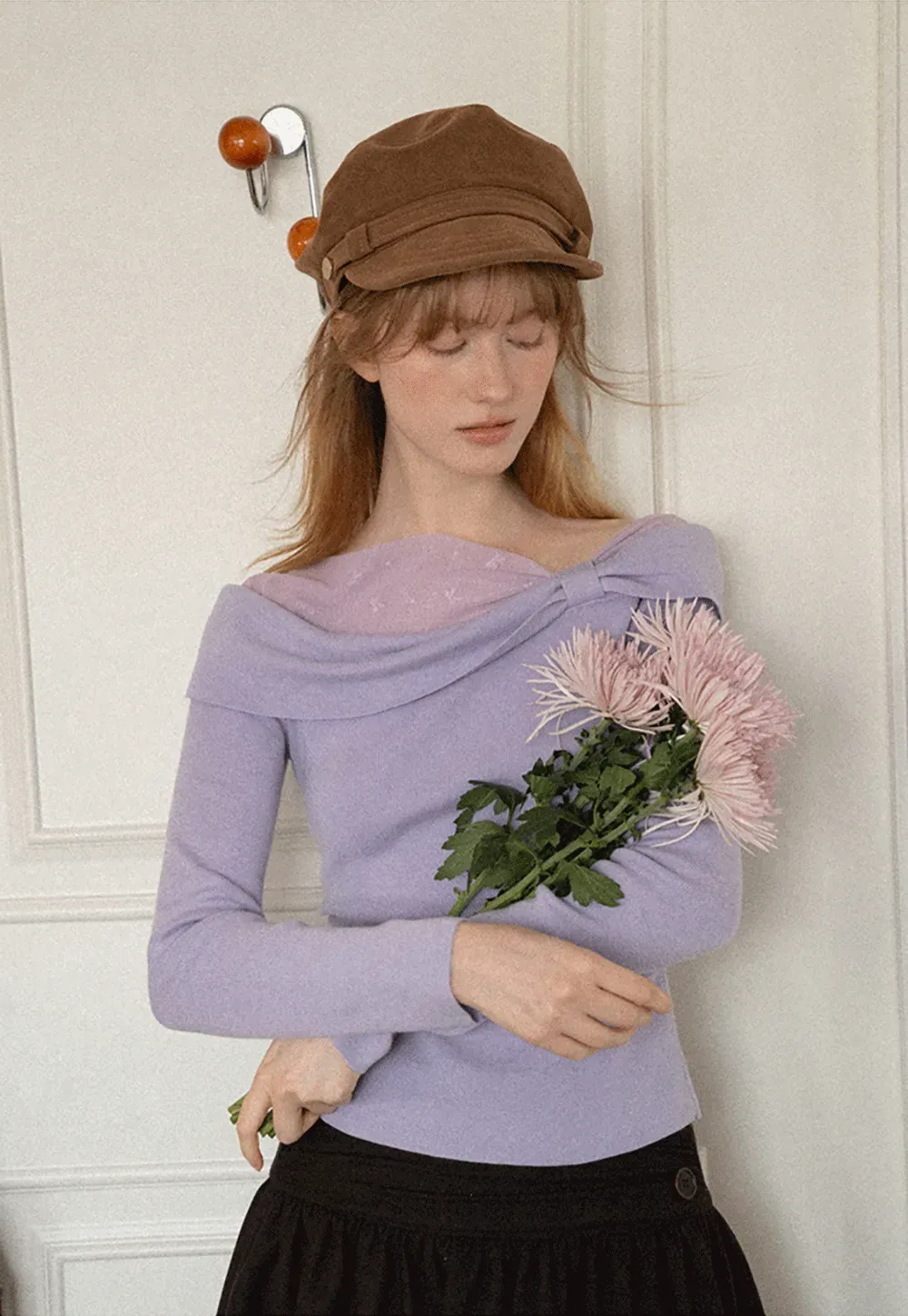 Off Shoulder Draped Neck Woolen Knit Sweater