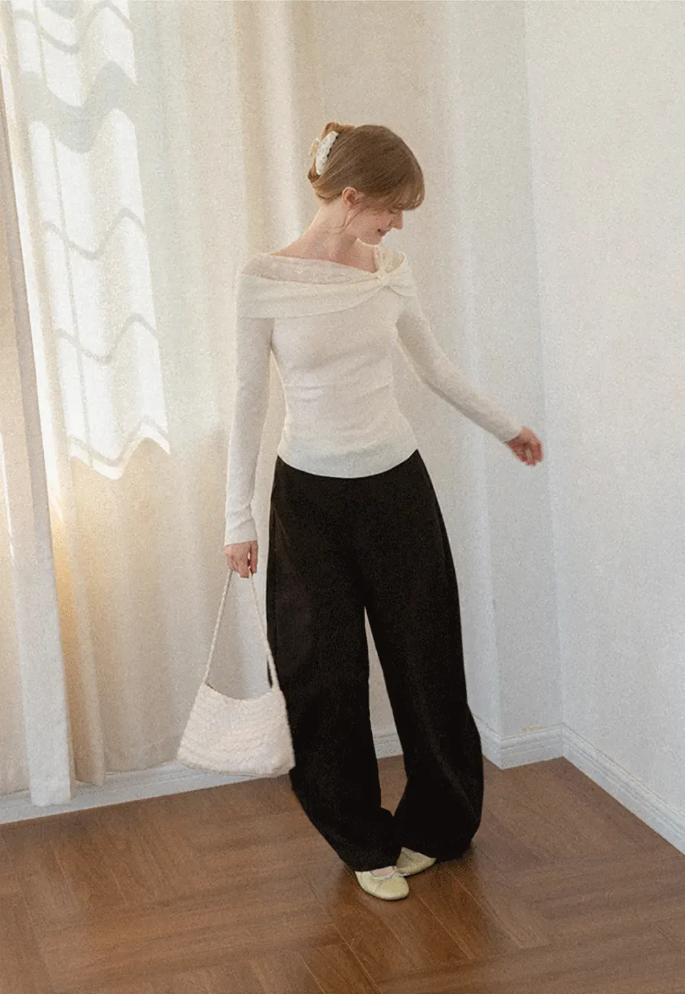 Off Shoulder Draped Neck Woolen Knit Sweater