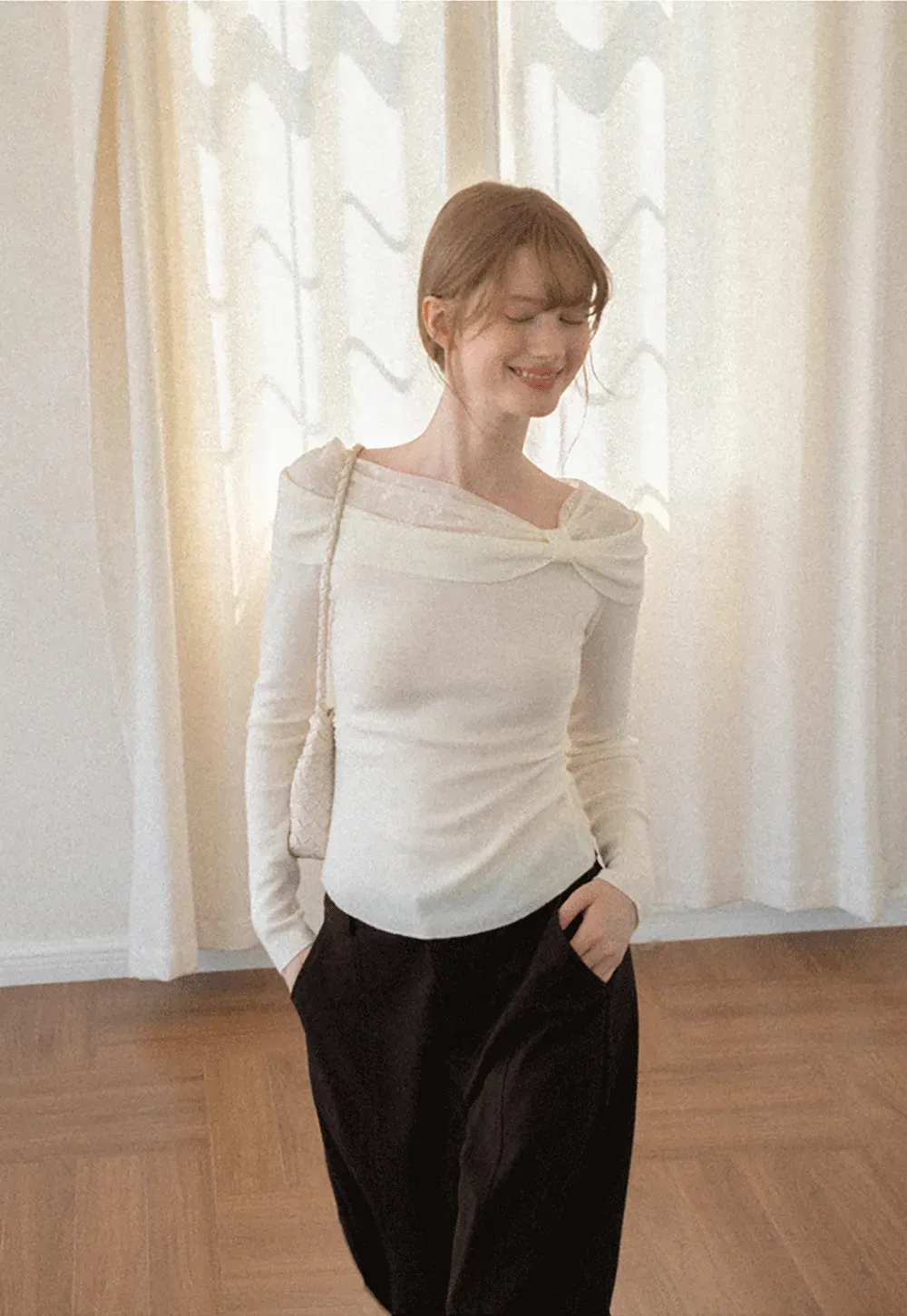 Off Shoulder Draped Neck Woolen Knit Sweater