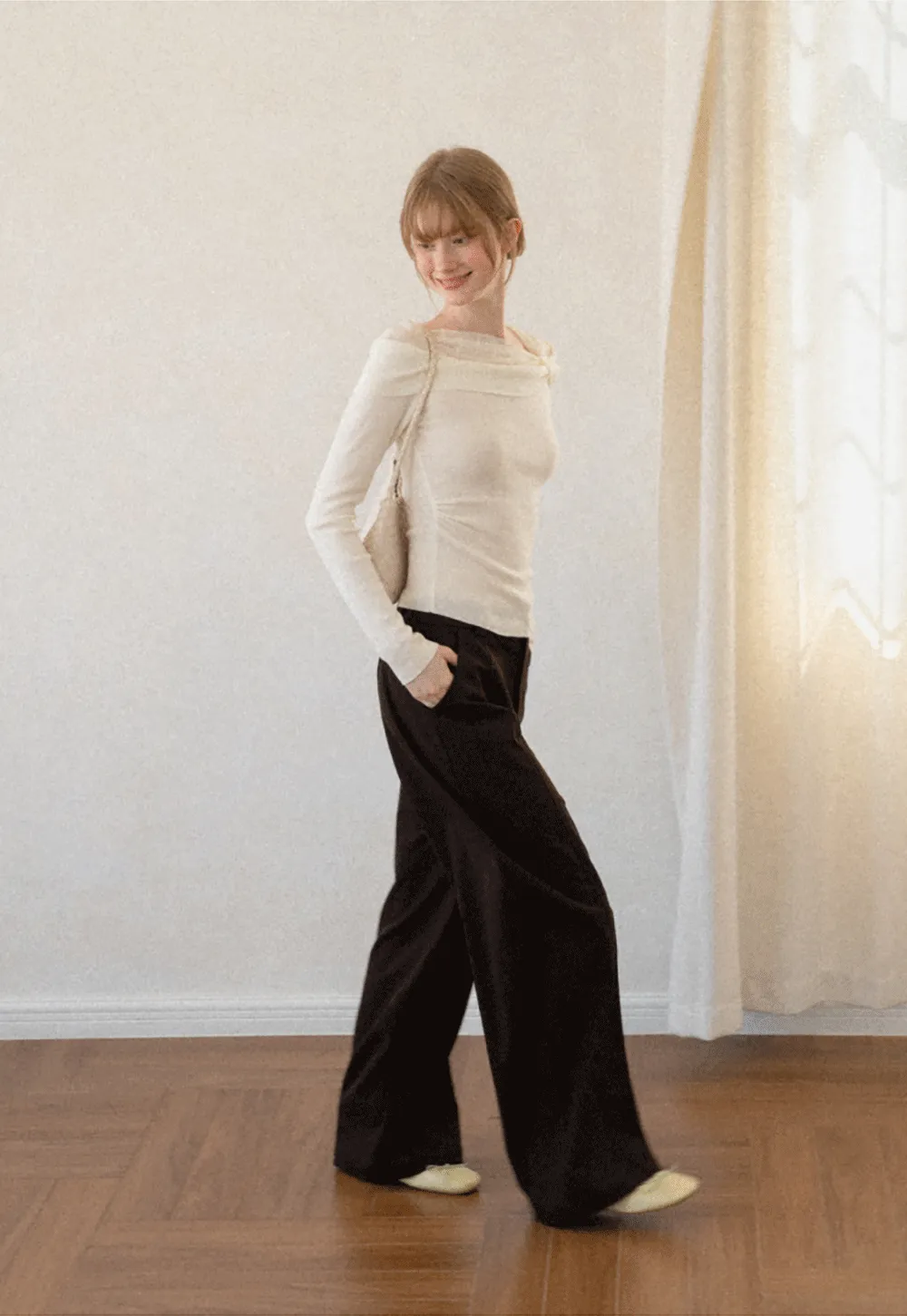 Off Shoulder Draped Neck Woolen Knit Sweater