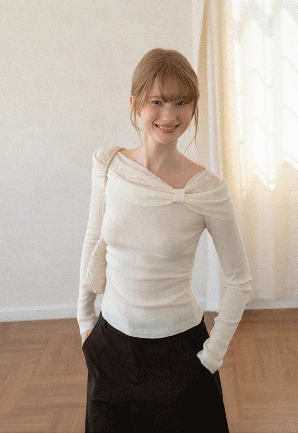 Off Shoulder Draped Neck Woolen Knit Sweater