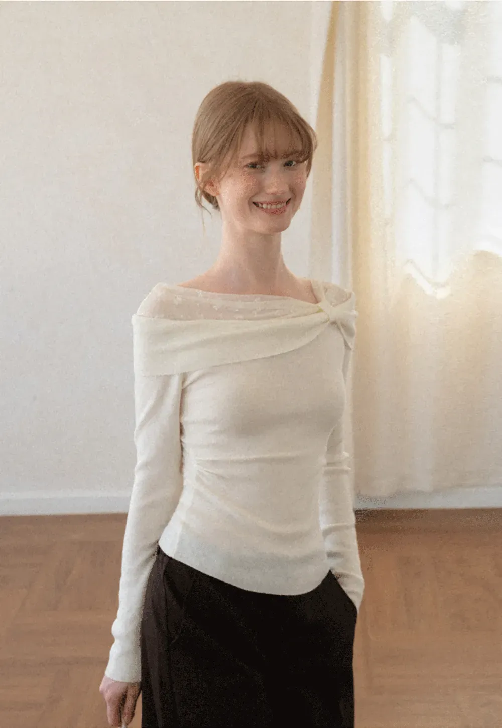 Off Shoulder Draped Neck Woolen Knit Sweater