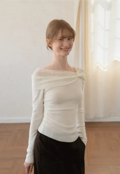 Off Shoulder Draped Neck Woolen Knit Sweater