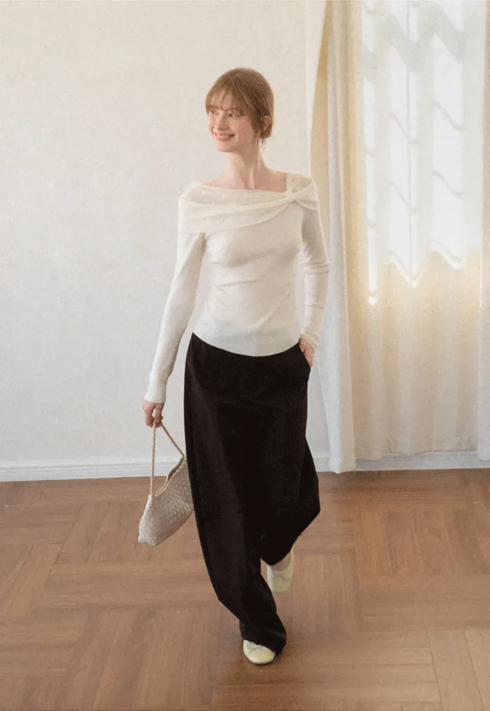 Off Shoulder Draped Neck Woolen Knit Sweater