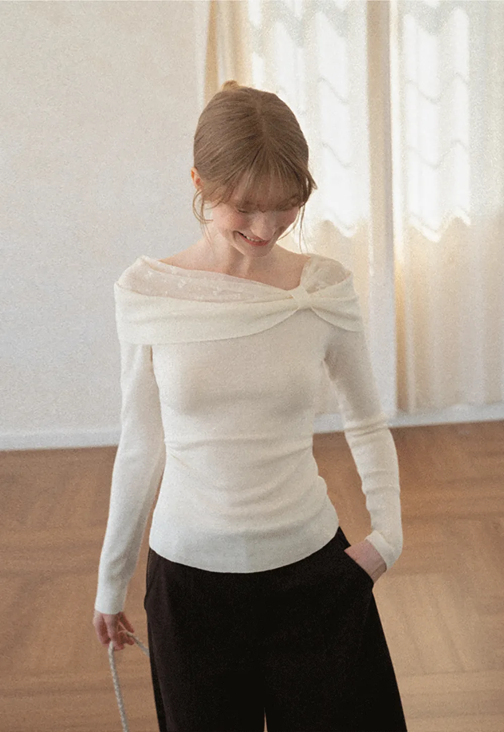 Off Shoulder Draped Neck Woolen Knit Sweater
