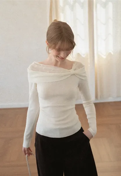 Off Shoulder Draped Neck Woolen Knit Sweater