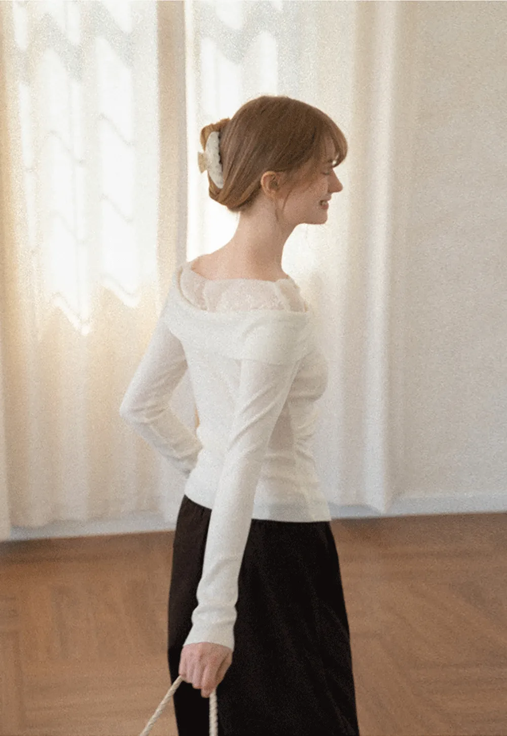 Off Shoulder Draped Neck Woolen Knit Sweater
