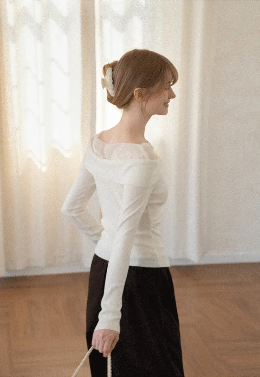 Off Shoulder Draped Neck Woolen Knit Sweater