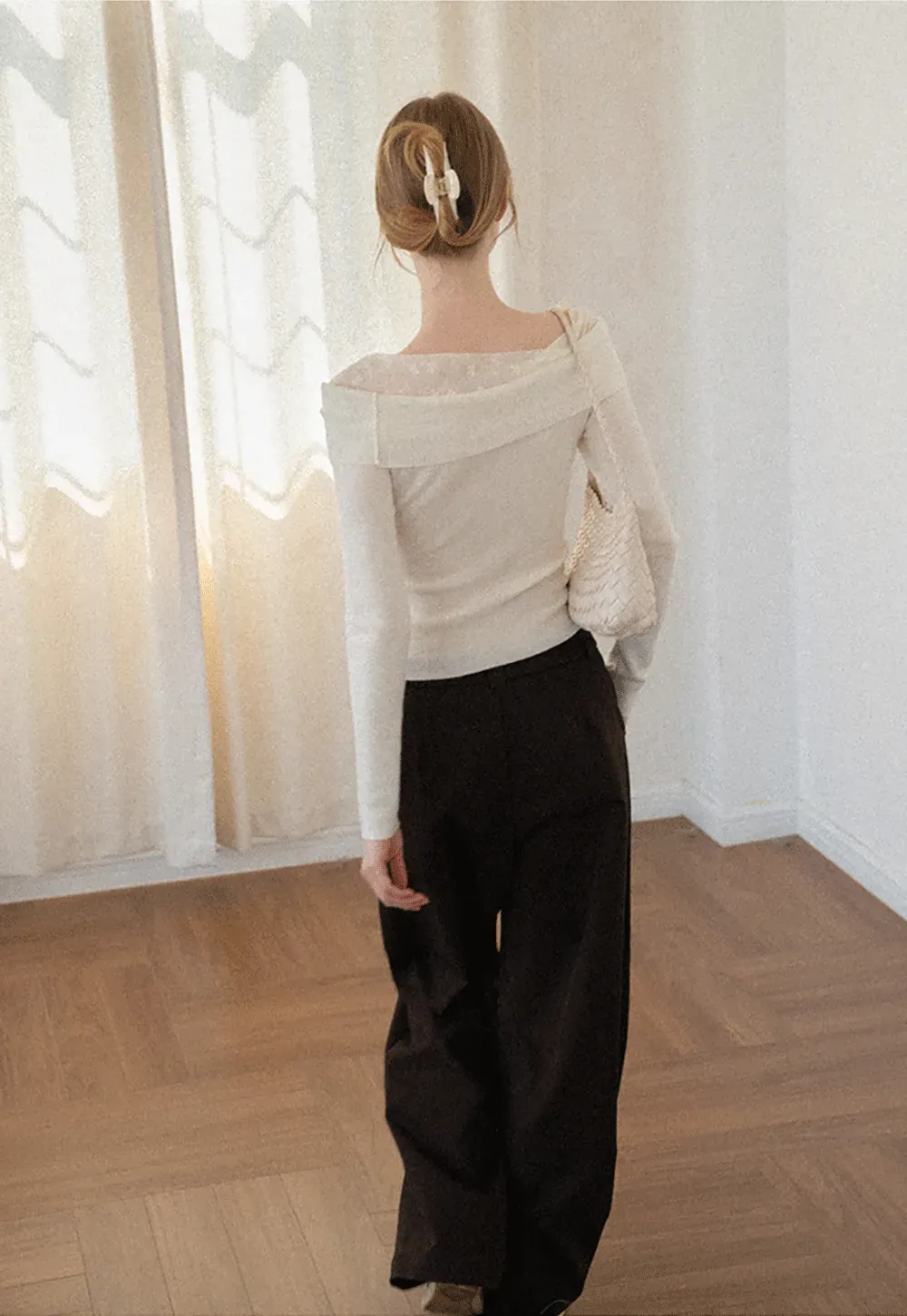 Off Shoulder Draped Neck Woolen Knit Sweater
