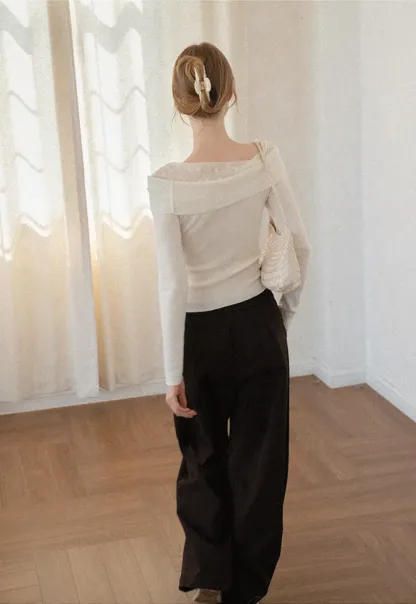 Off Shoulder Draped Neck Woolen Knit Sweater