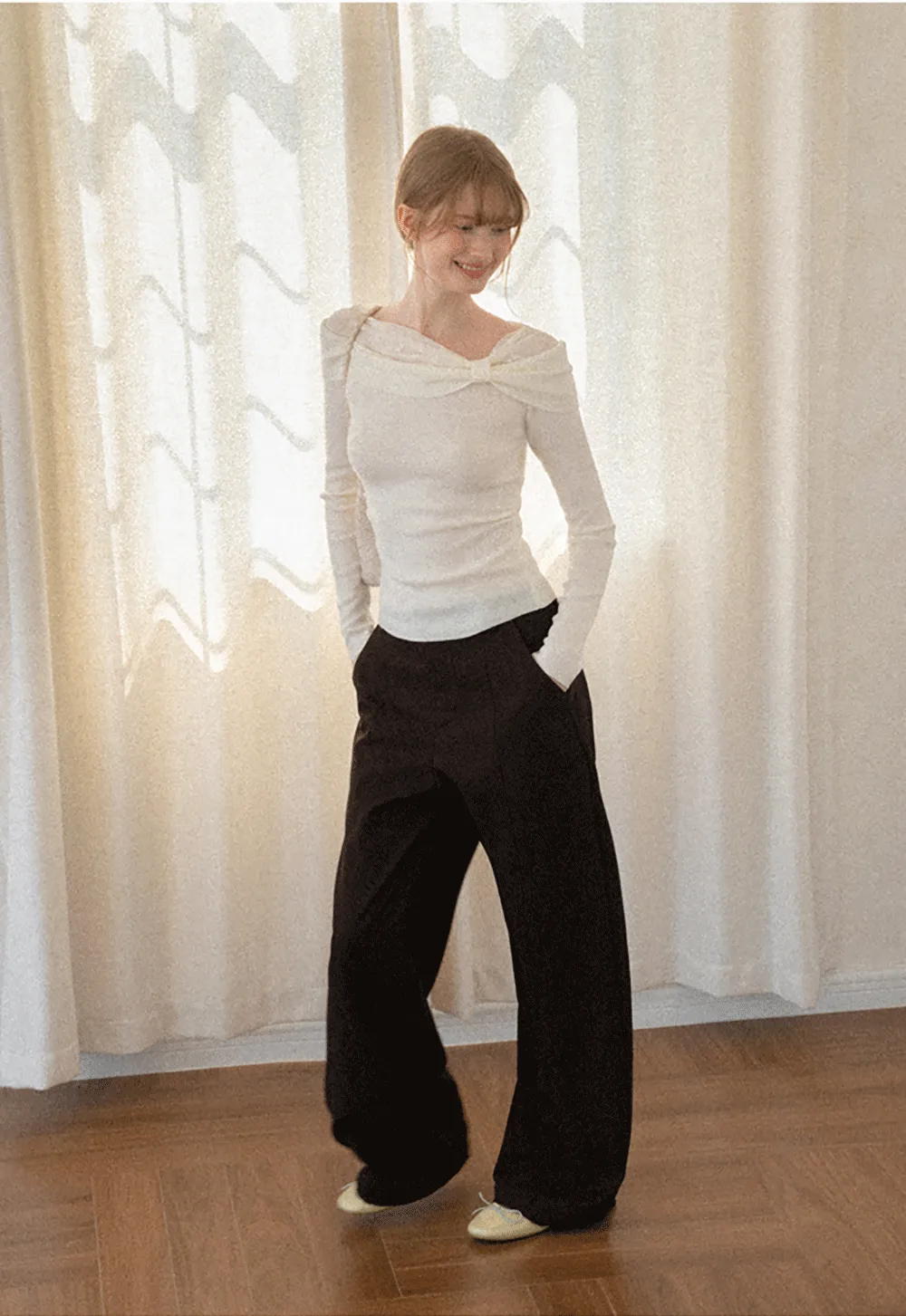 Off Shoulder Draped Neck Woolen Knit Sweater
