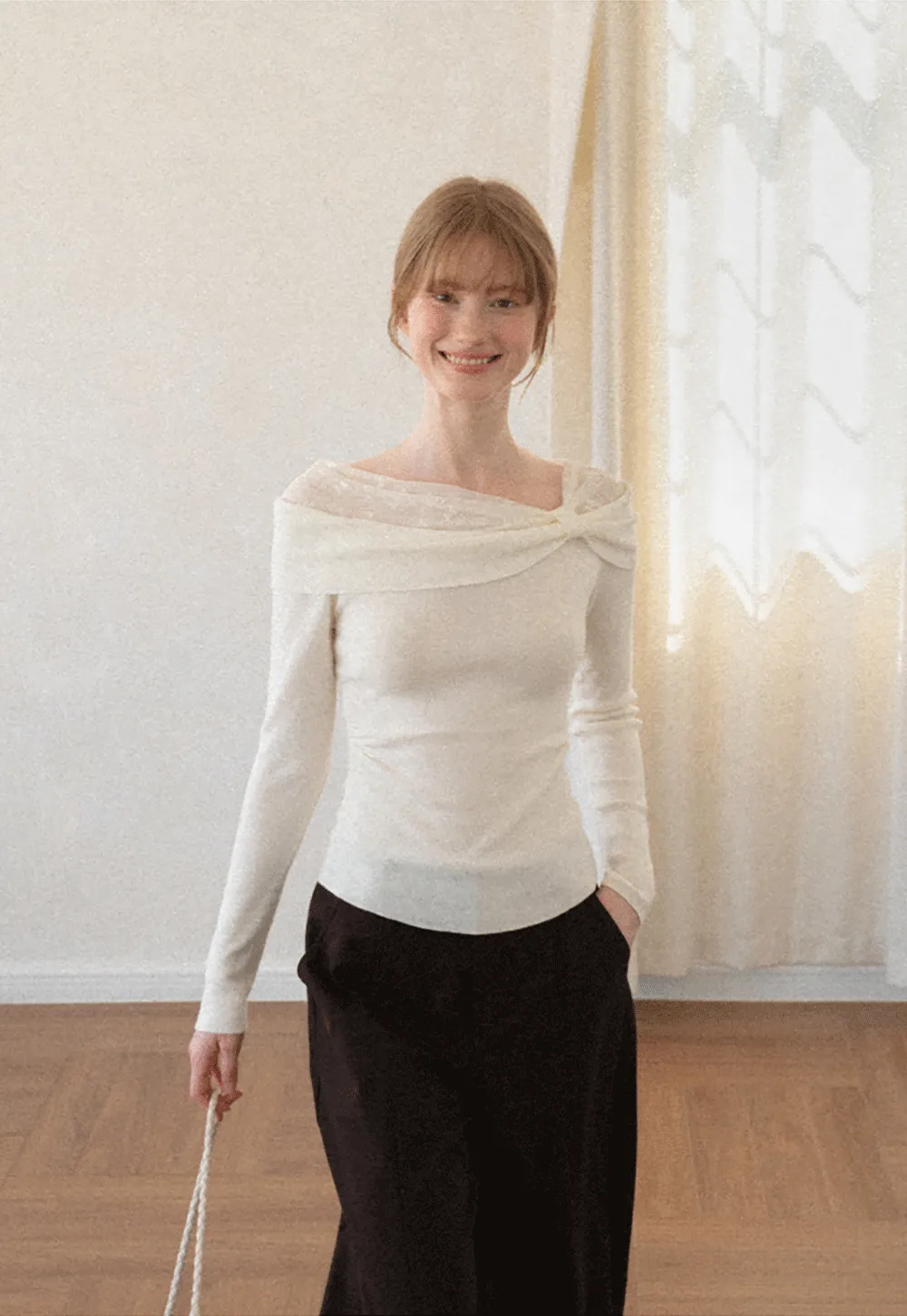 Off Shoulder Draped Neck Woolen Knit Sweater
