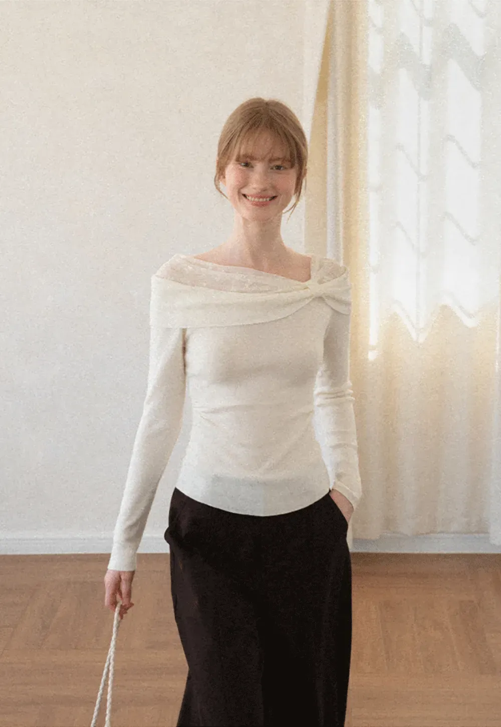 Off Shoulder Draped Neck Woolen Knit Sweater